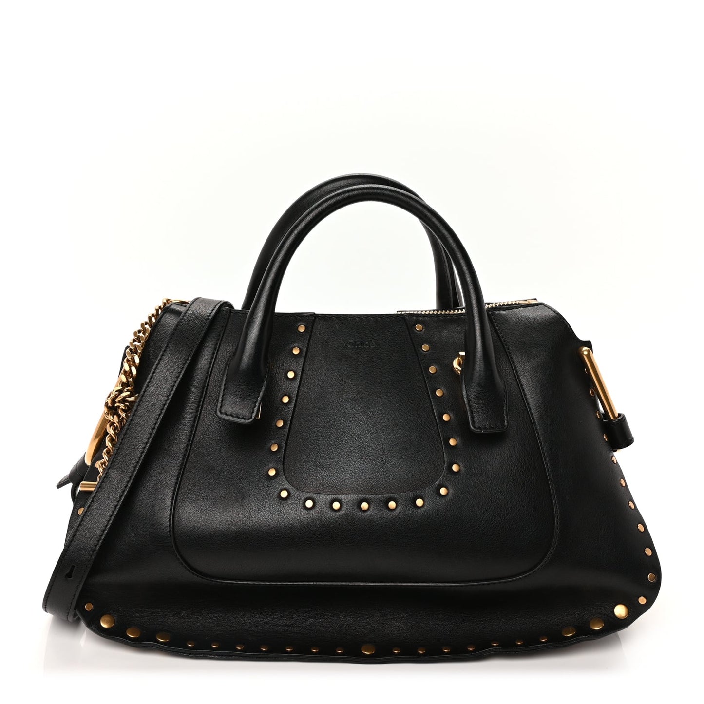 Chloe Calfskin Studded Hayley Double Carry Satchel  Black
