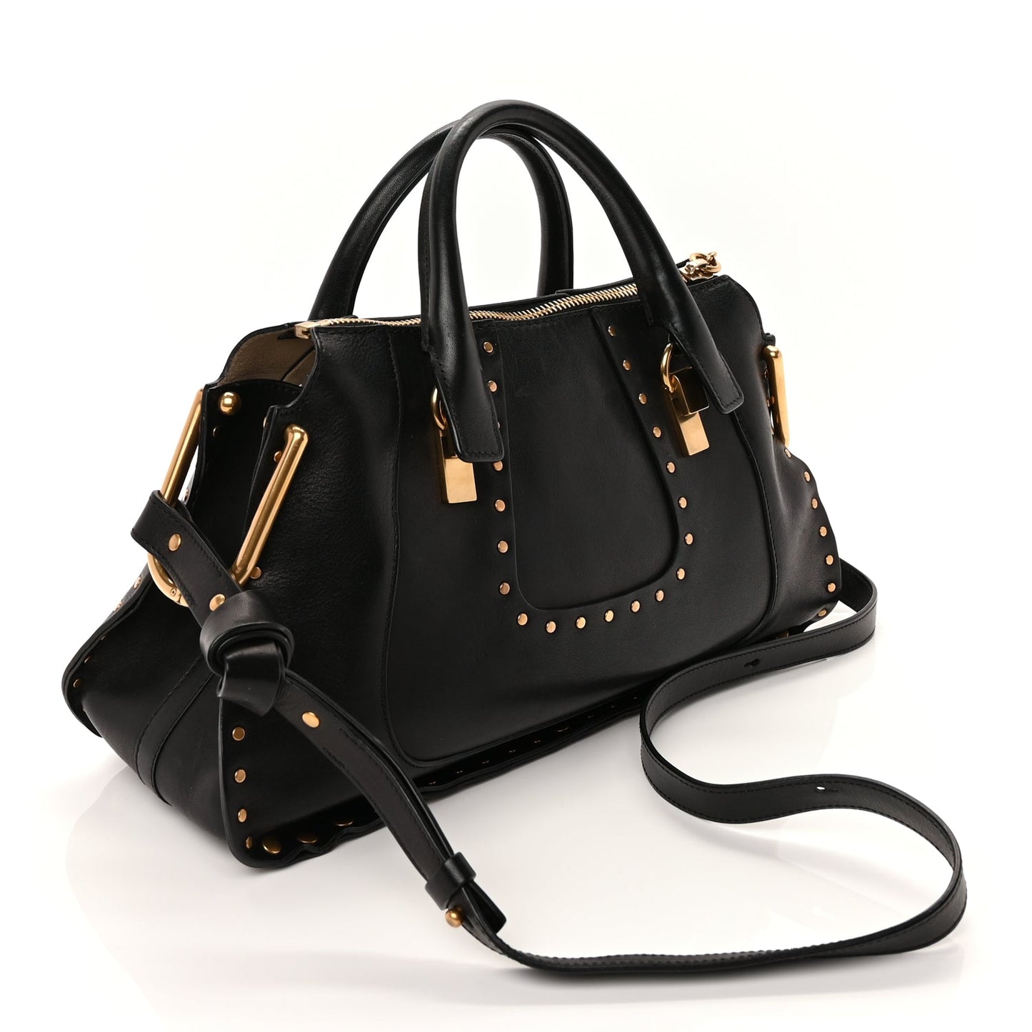 Chloe Calfskin Studded Hayley Double Carry Satchel  Black