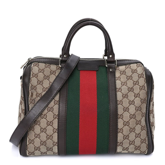 Gucci Monogram Selleria Calfskin Vintage Web Medium Boston Beige Ebony Cocoa Beige Ebony Cocoa