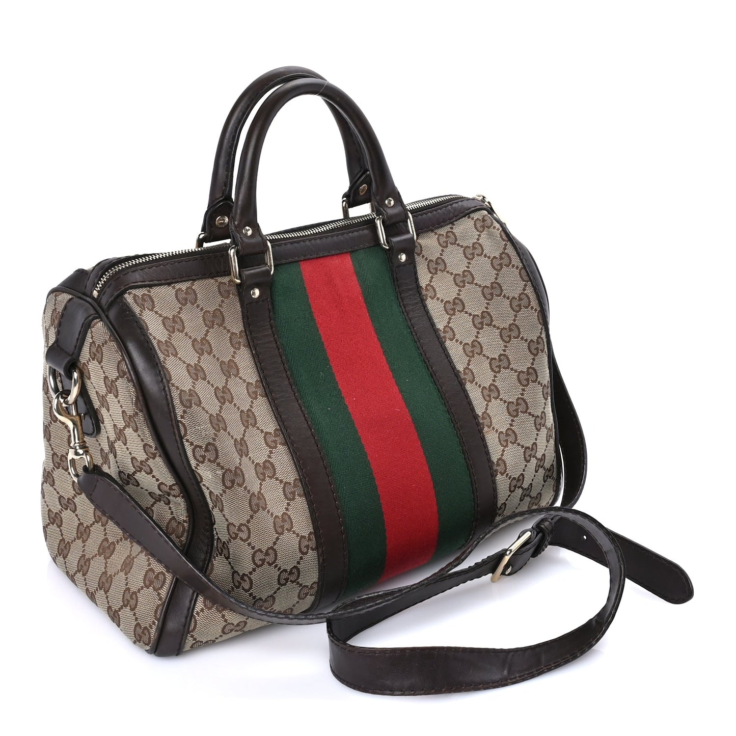 Gucci Monogram Selleria Calfskin Vintage Web Medium Boston Beige Ebony Cocoa Beige Ebony Cocoa