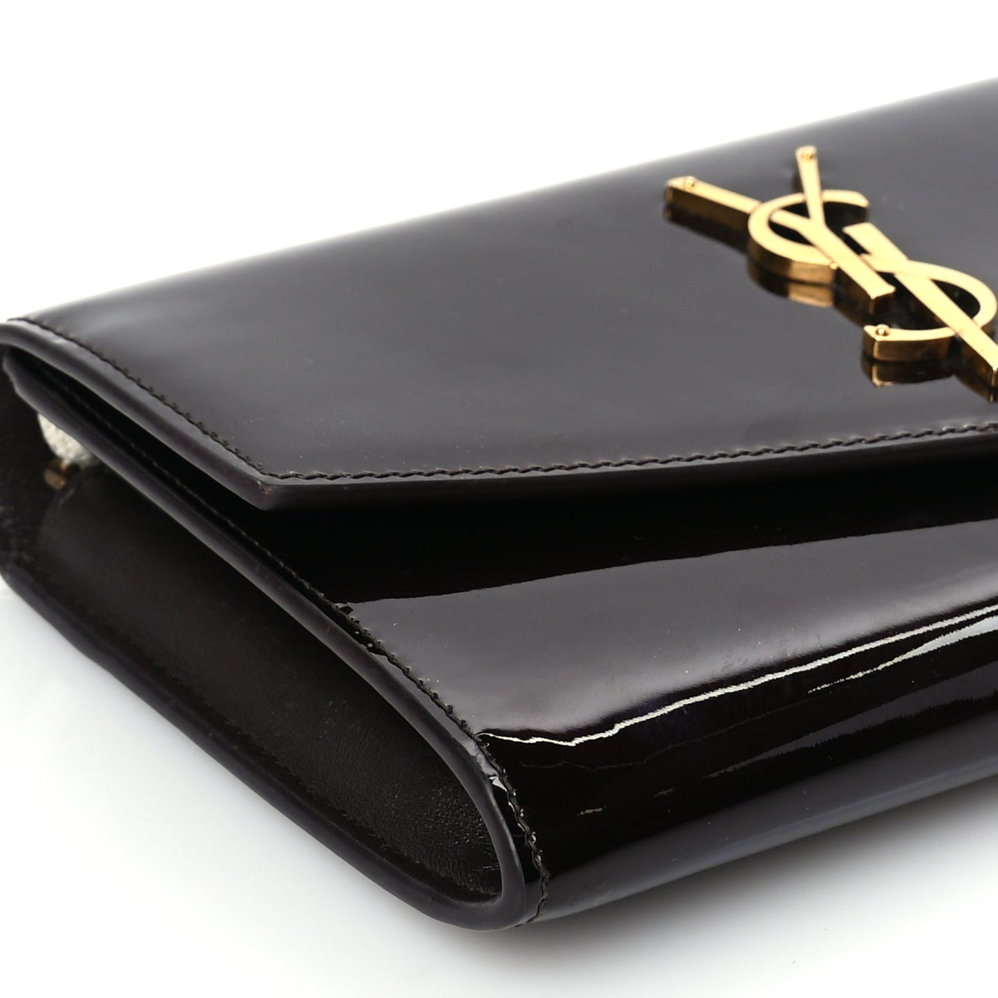 Saint Laurent Patent Uptown Chain Wallet Nut Brown