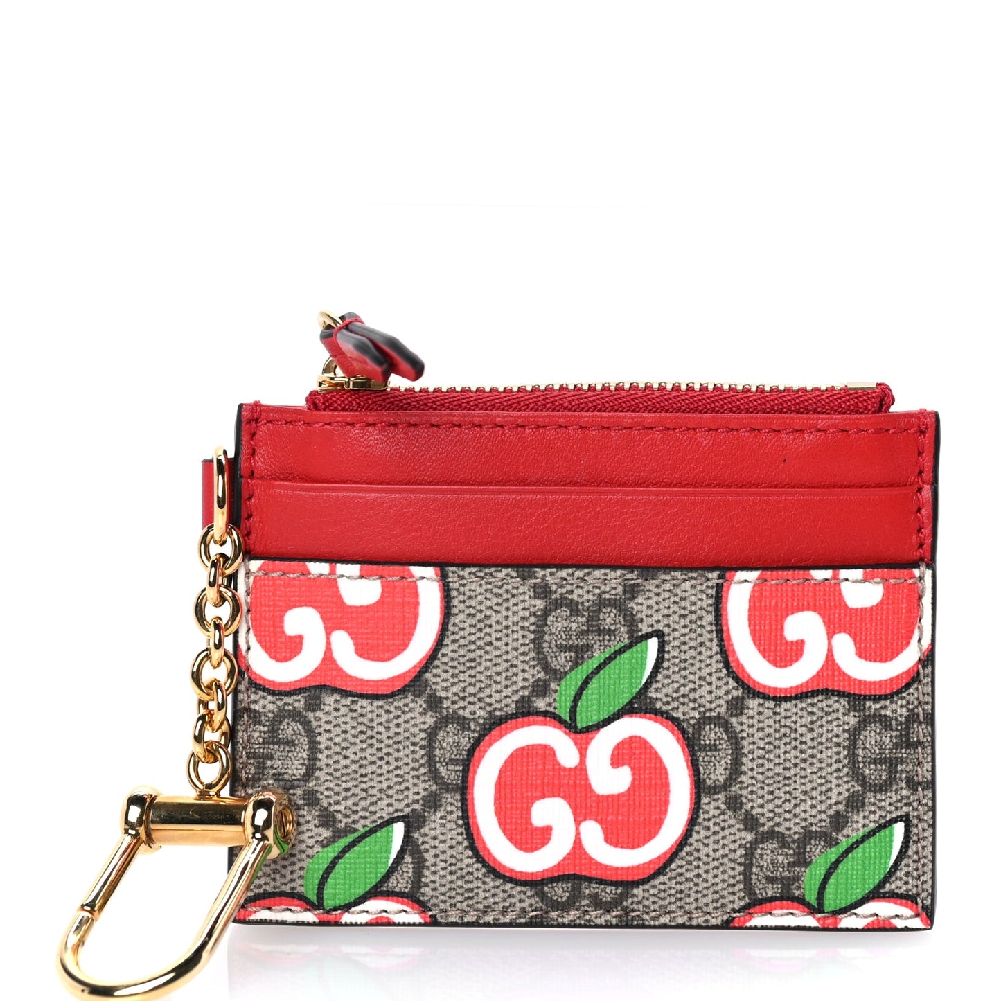 Gucci GG Supreme Monogram Apple Key Coin Case Card Holder Beige Multicolor Lobster Red