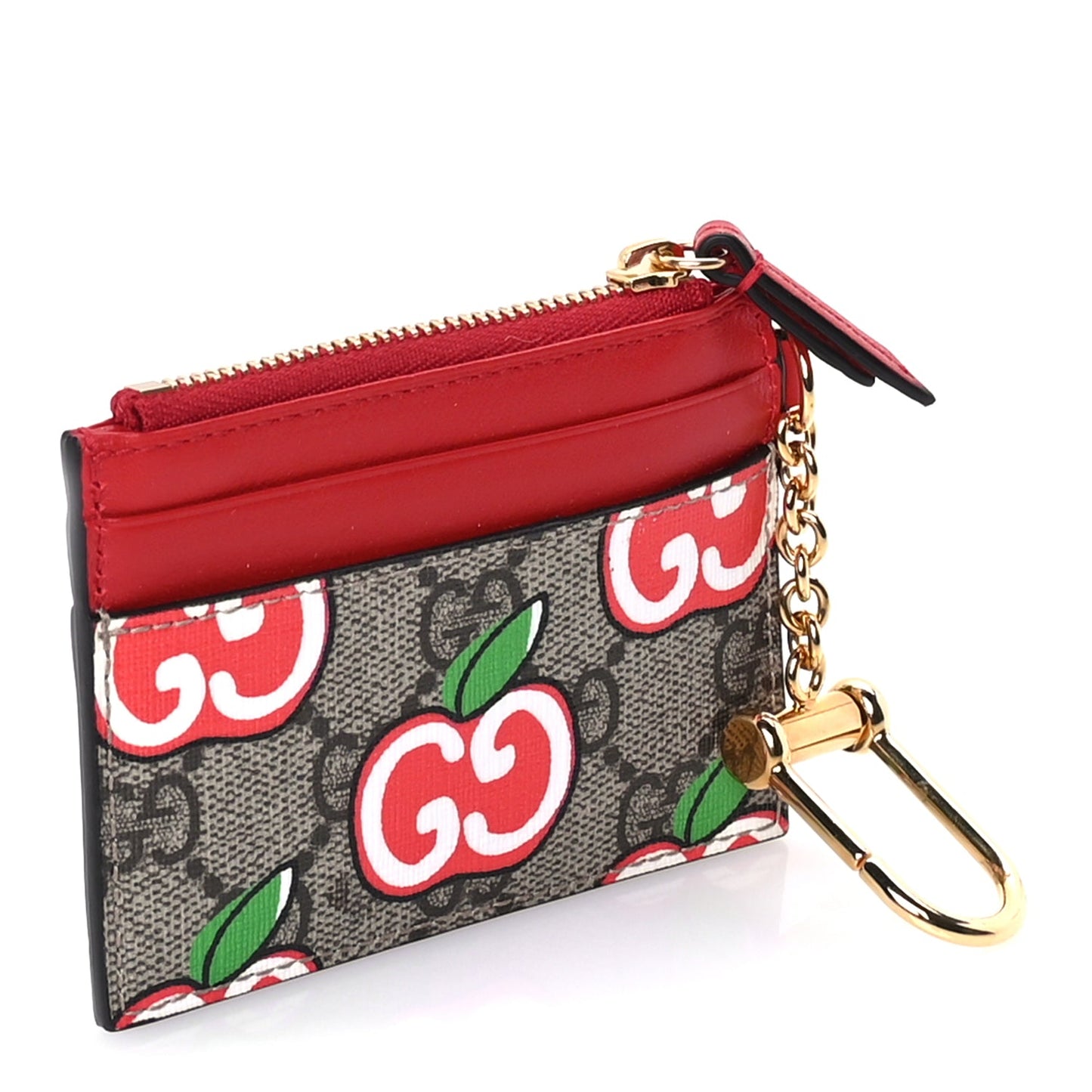 Gucci GG Supreme Monogram Apple Key Coin Case Card Holder Beige Multicolor Lobster Red