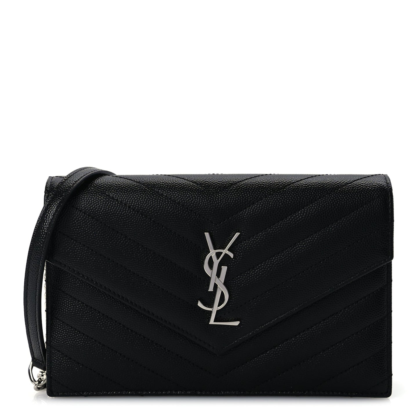 Saint Laurent Grain De Poudre Matelasse Chevron Monogram Envelope Chain Wallet  Black