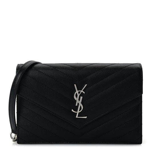 Saint Laurent Grain De Poudre Matelasse Chevron Monogram Envelope Chain Wallet  Black