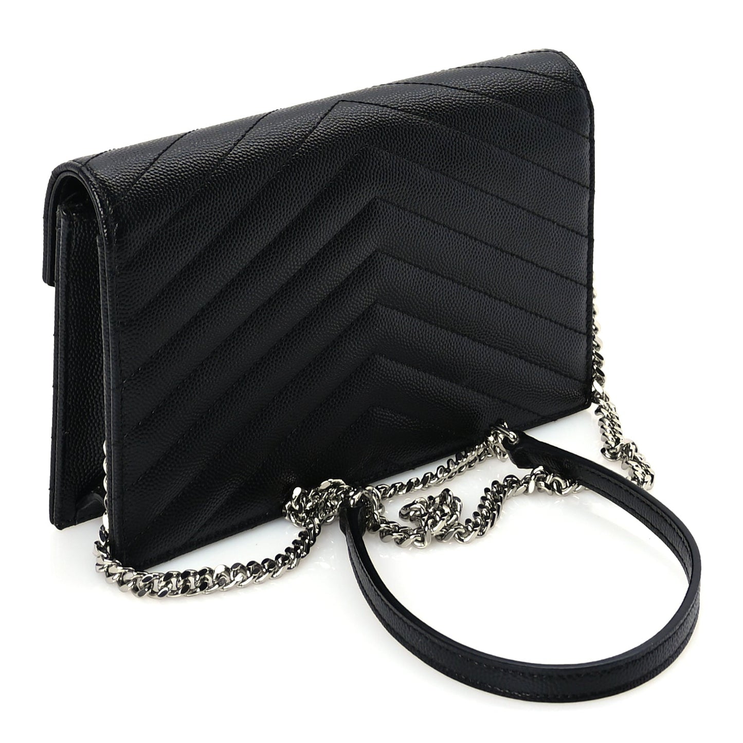 Saint Laurent Grain De Poudre Matelasse Chevron Monogram Envelope Chain Wallet  Black