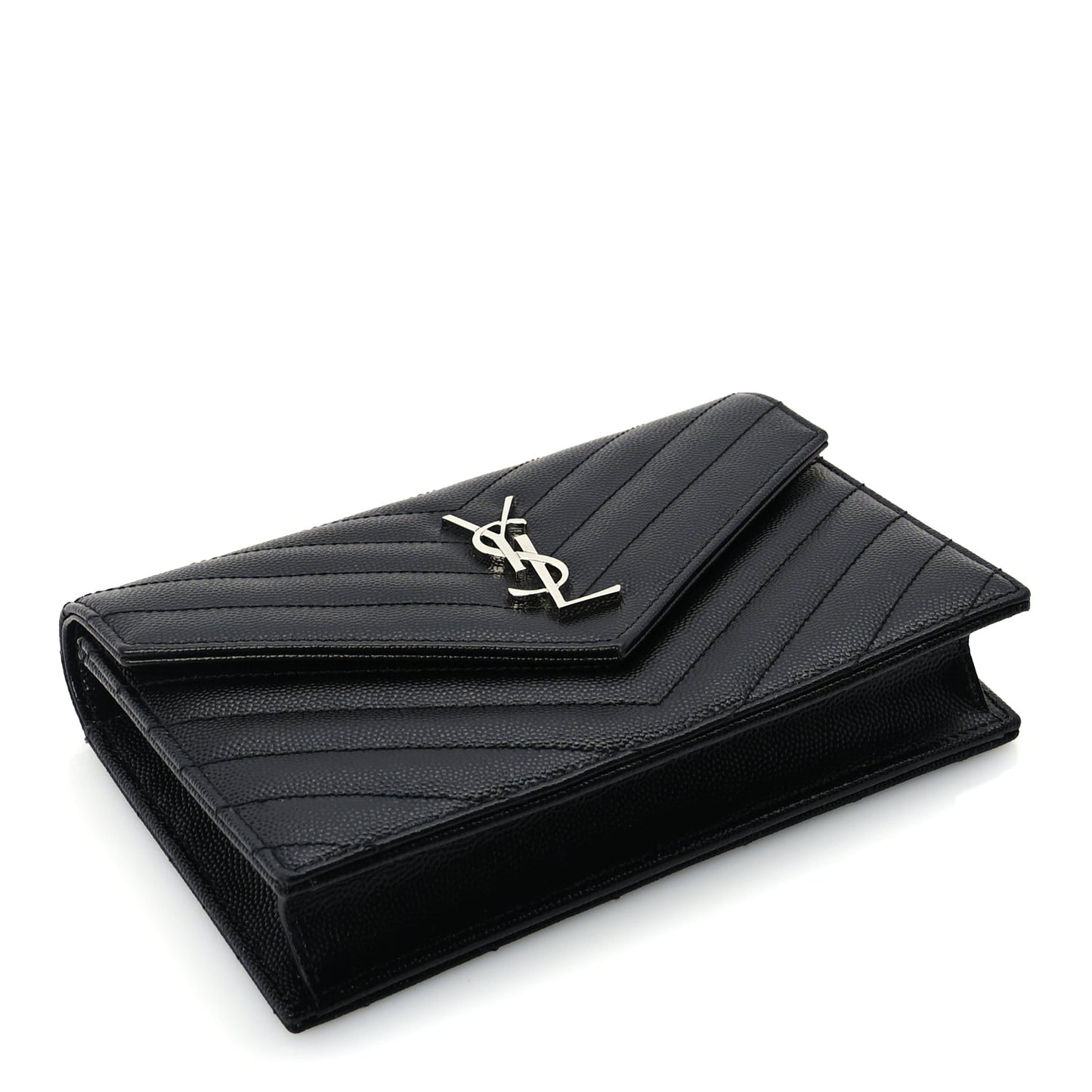 Saint Laurent Grain De Poudre Matelasse Chevron Monogram Envelope Chain Wallet  Black