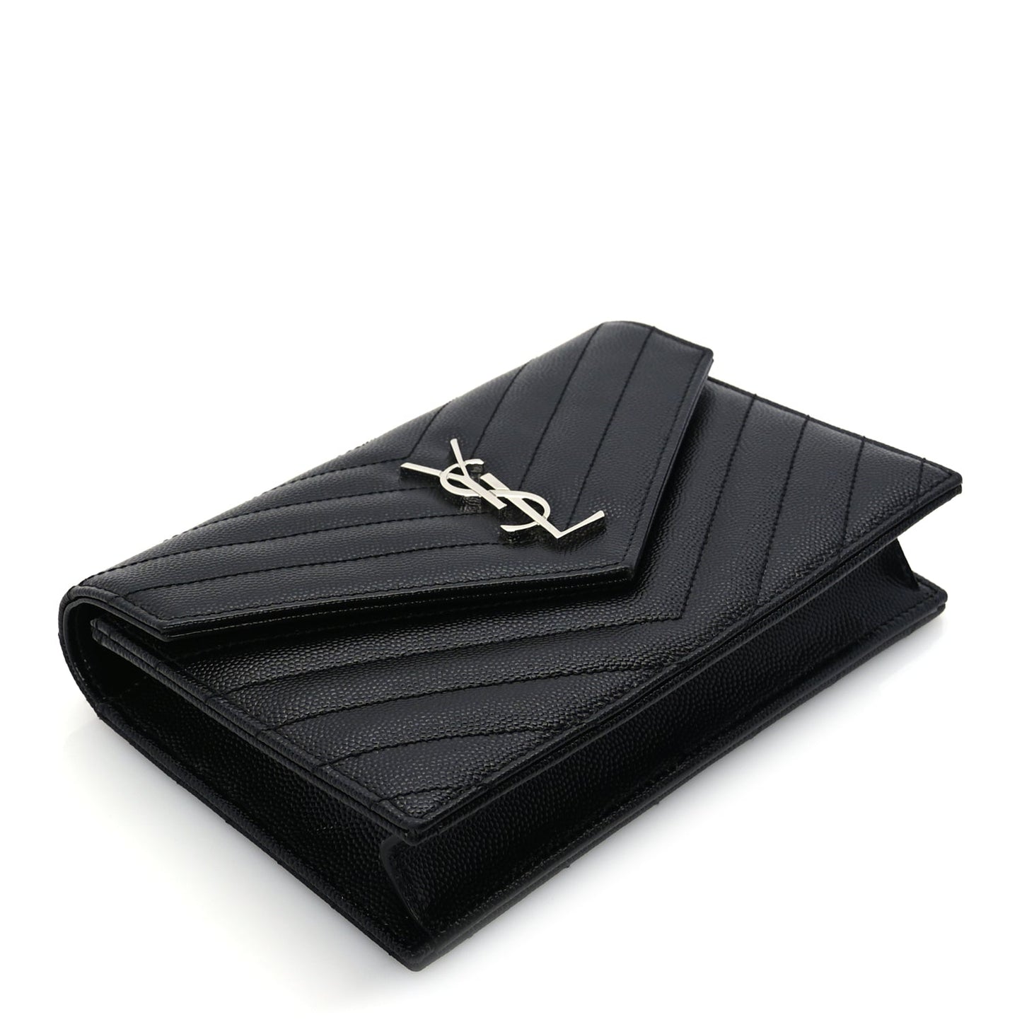 Saint Laurent Grain De Poudre Matelasse Chevron Monogram Envelope Chain Wallet  Black