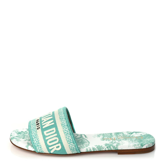 Christian Dior Canvas Toile De Jouy Embroidered Dway Flat Slide Sandals 36 Aquamarine