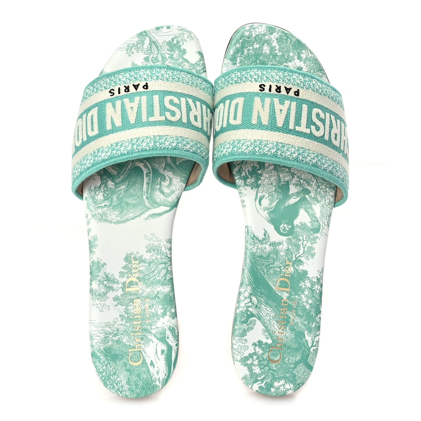 Christian Dior Canvas Toile De Jouy Embroidered Dway Flat Slide Sandals 36 Aquamarine