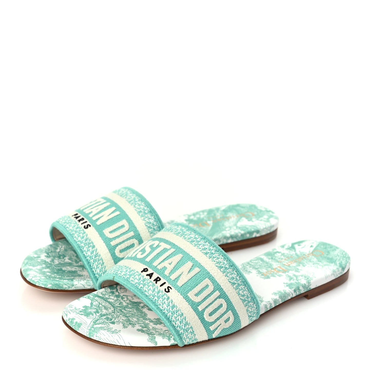 Christian Dior Canvas Toile De Jouy Embroidered Dway Flat Slide Sandals 36 Aquamarine