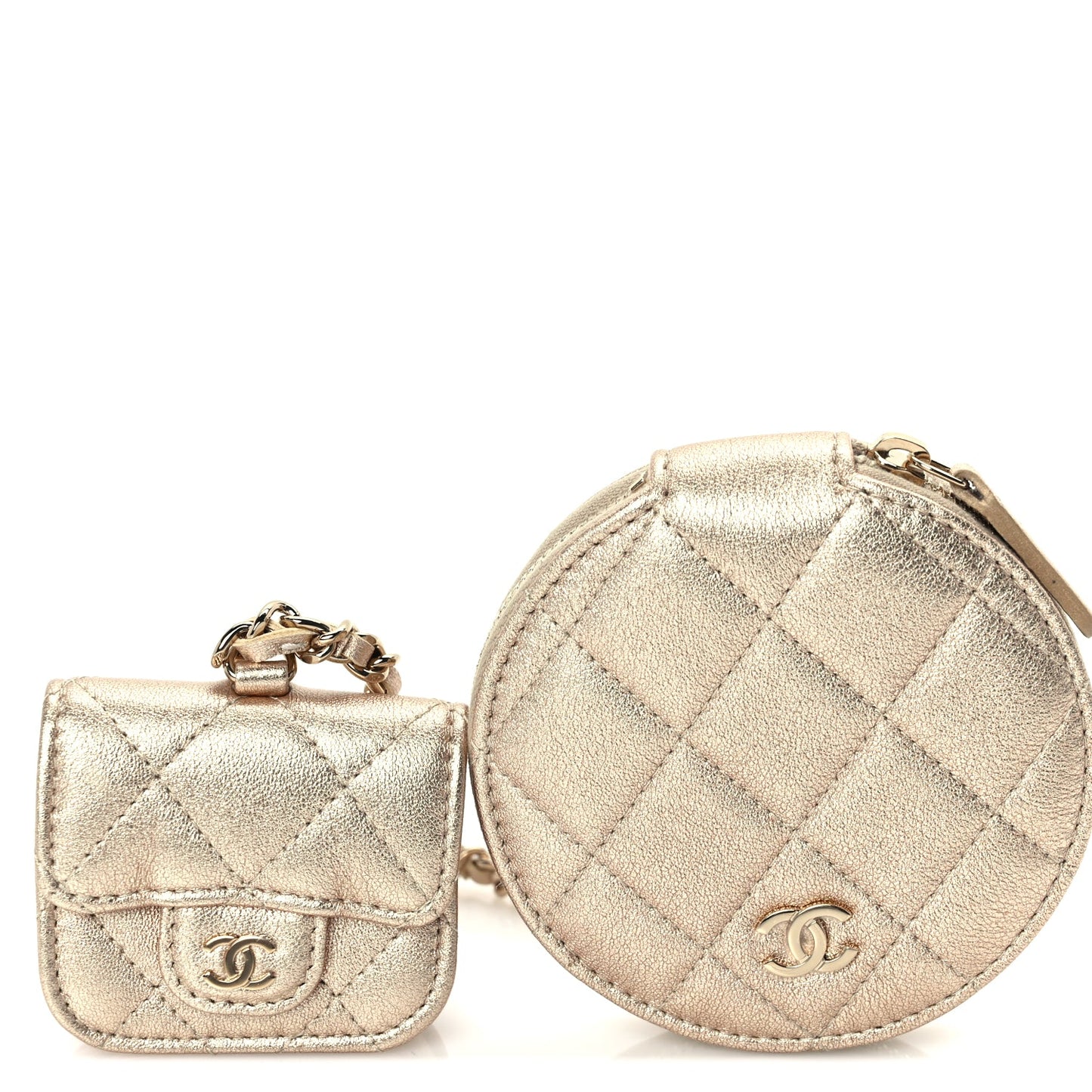 Chanel Metallic Lambskin Quilted Round Clip On Coin Purse Airpods Case  Gold