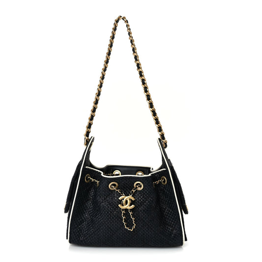 Chanel Braided Raffia Calfskin Quilted Mini Chanel 25 Handbag Black White