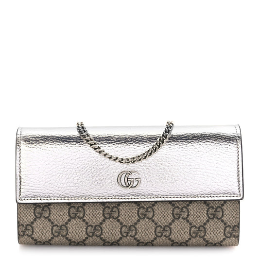 Gucci Metallic Calfskin GG Supreme Monogram Petite GG Marmont Wallet Chain Bag Silver Beige Ebony