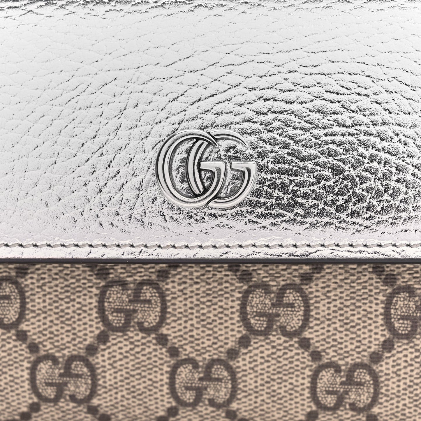 Gucci Metallic Calfskin GG Supreme Monogram Petite GG Marmont Wallet Chain Bag Silver Beige Ebony
