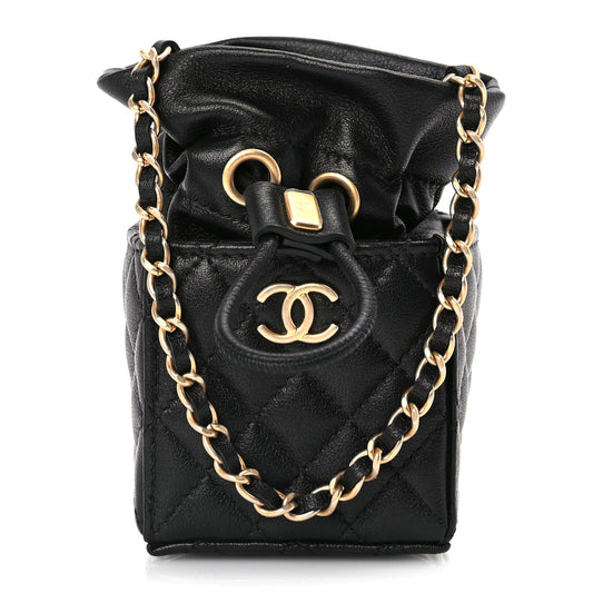 Chanel Calfskin Quilted Mini Drawstring Bucket Bag Black
