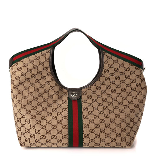 Gucci GG Supreme Monogram Web Large Giglio Tote Beige Dark Brown