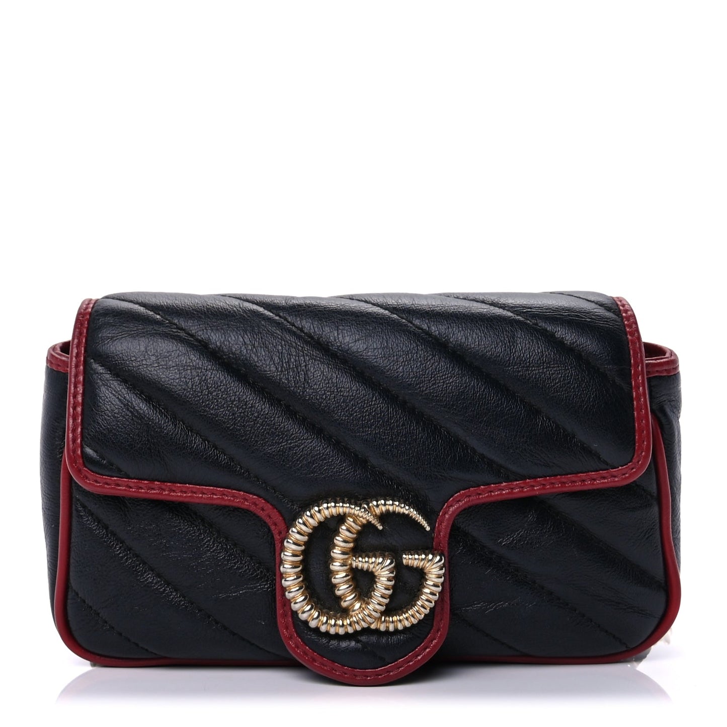 Gucci Vintage Effect Calfskin Matelasse Diagonal Super Mini Torchon GG Marmont Shoulder Bag Black Romantic Cherry Black Romantic Cherry