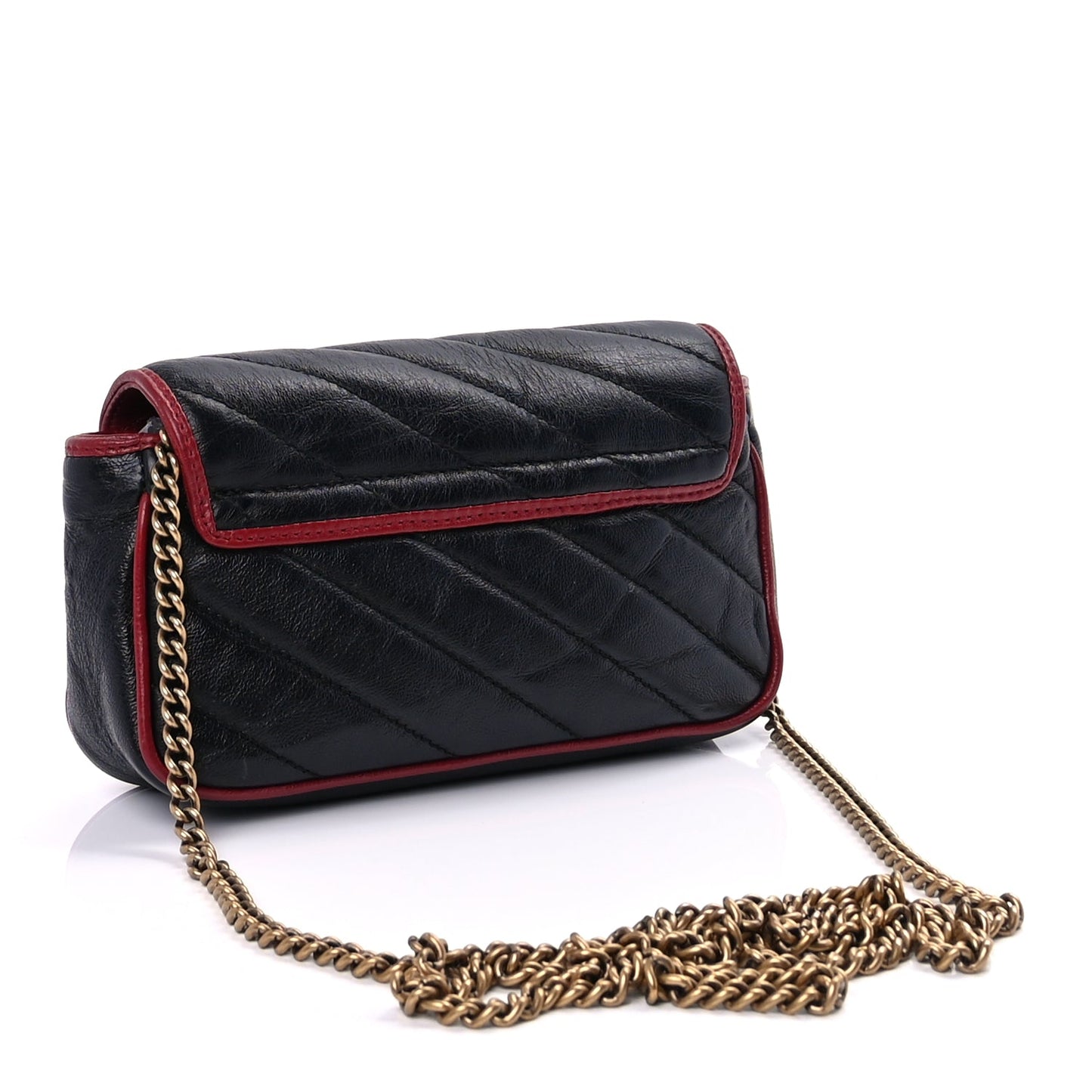 Gucci Vintage Effect Calfskin Matelasse Diagonal Super Mini Torchon GG Marmont Shoulder Bag Black Romantic Cherry Black Romantic Cherry