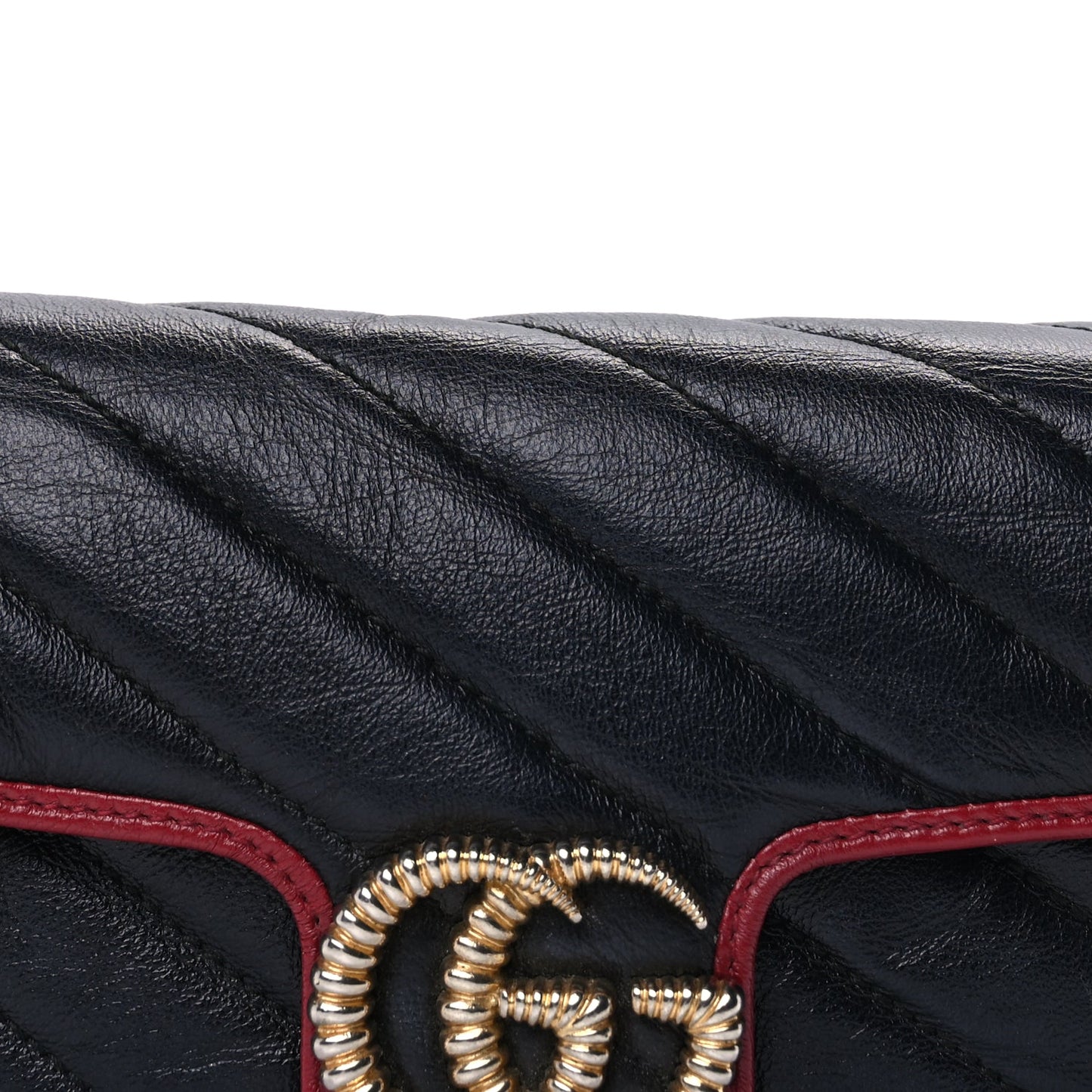 Gucci Vintage Effect Calfskin Matelasse Diagonal Super Mini Torchon GG Marmont Shoulder Bag Black Romantic Cherry Black Romantic Cherry