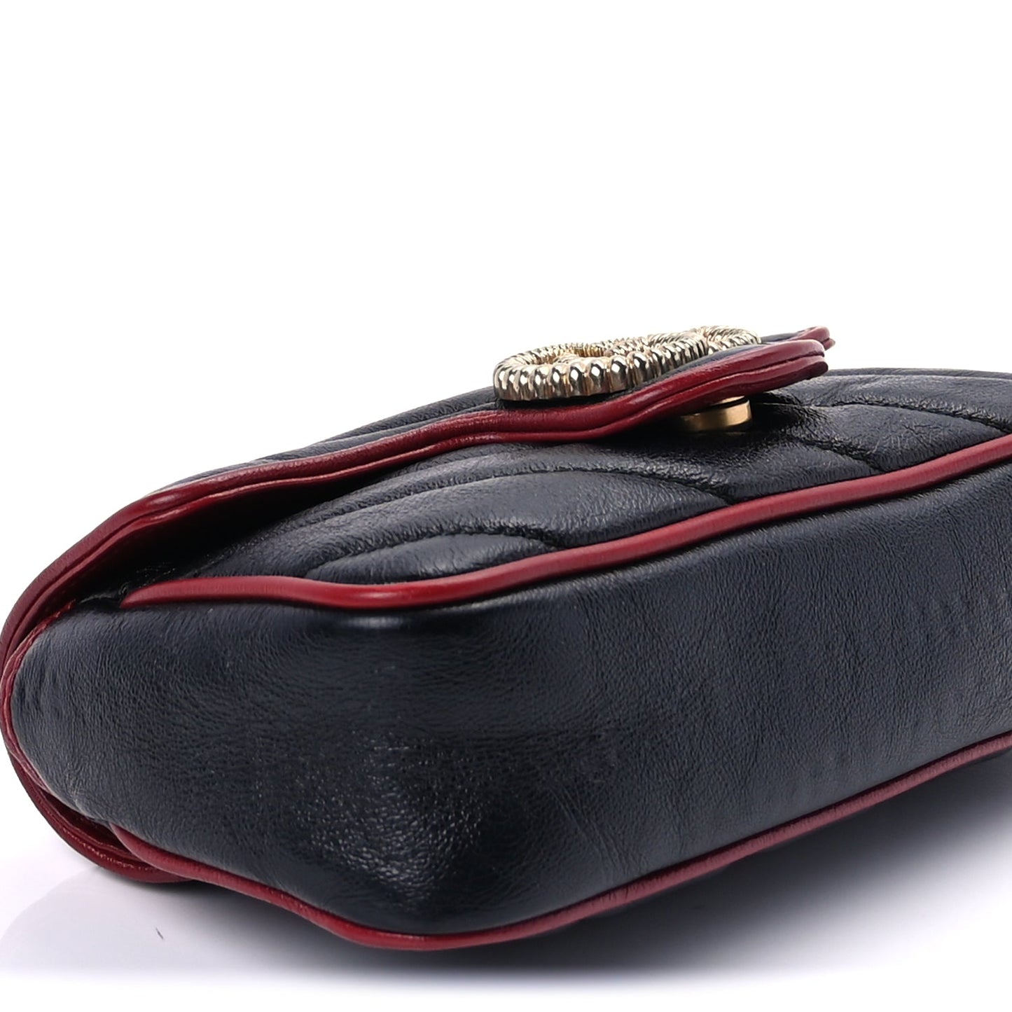 Gucci Vintage Effect Calfskin Matelasse Diagonal Super Mini Torchon GG Marmont Shoulder Bag Black Romantic Cherry Black Romantic Cherry