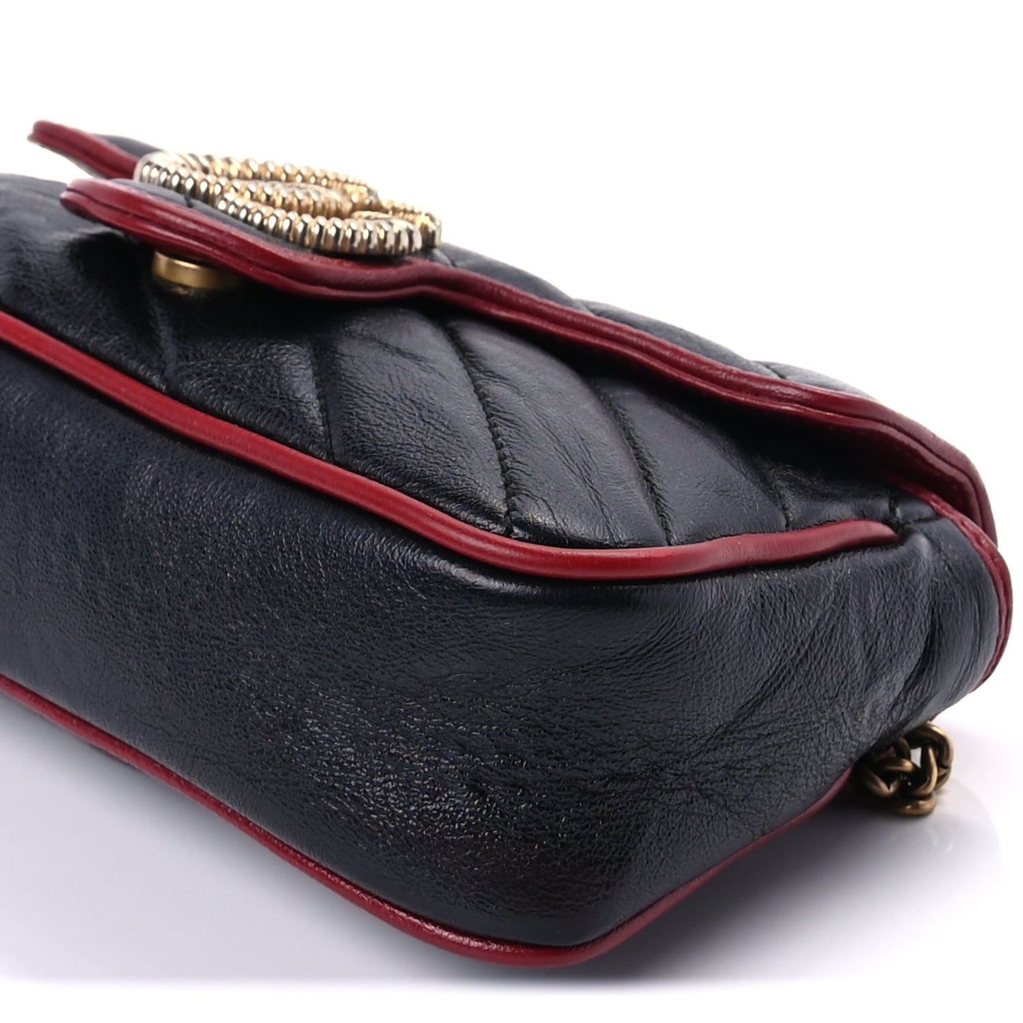 Gucci Vintage Effect Calfskin Matelasse Diagonal Super Mini Torchon GG Marmont Shoulder Bag Black Romantic Cherry Black Romantic Cherry