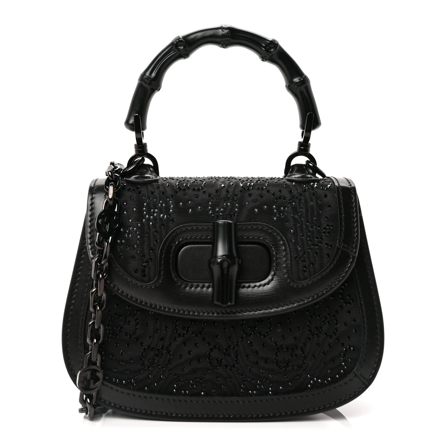 Gucci Moire Fabric Calfskin Rhinestone Monogram Monochrome Mini Bamboo 1947 Top Handle Chain Bag Black