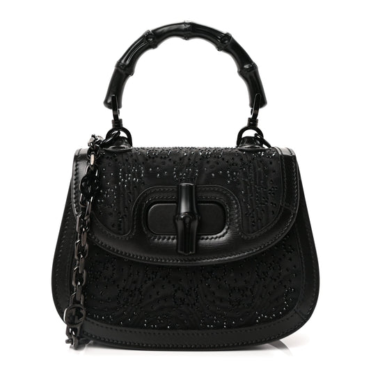 Gucci Moire Fabric Calfskin Rhinestone Monogram Monochrome Mini Bamboo 1947 Top Handle Chain Bag Black