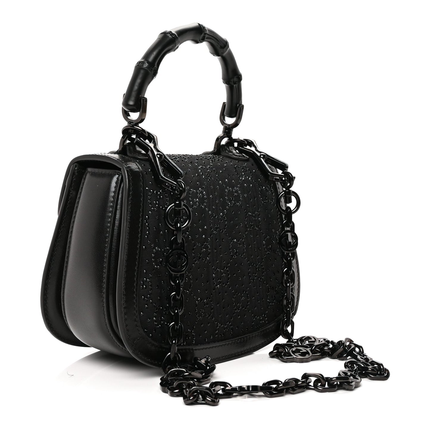 Gucci Moire Fabric Calfskin Rhinestone Monogram Monochrome Mini Bamboo 1947 Top Handle Chain Bag Black