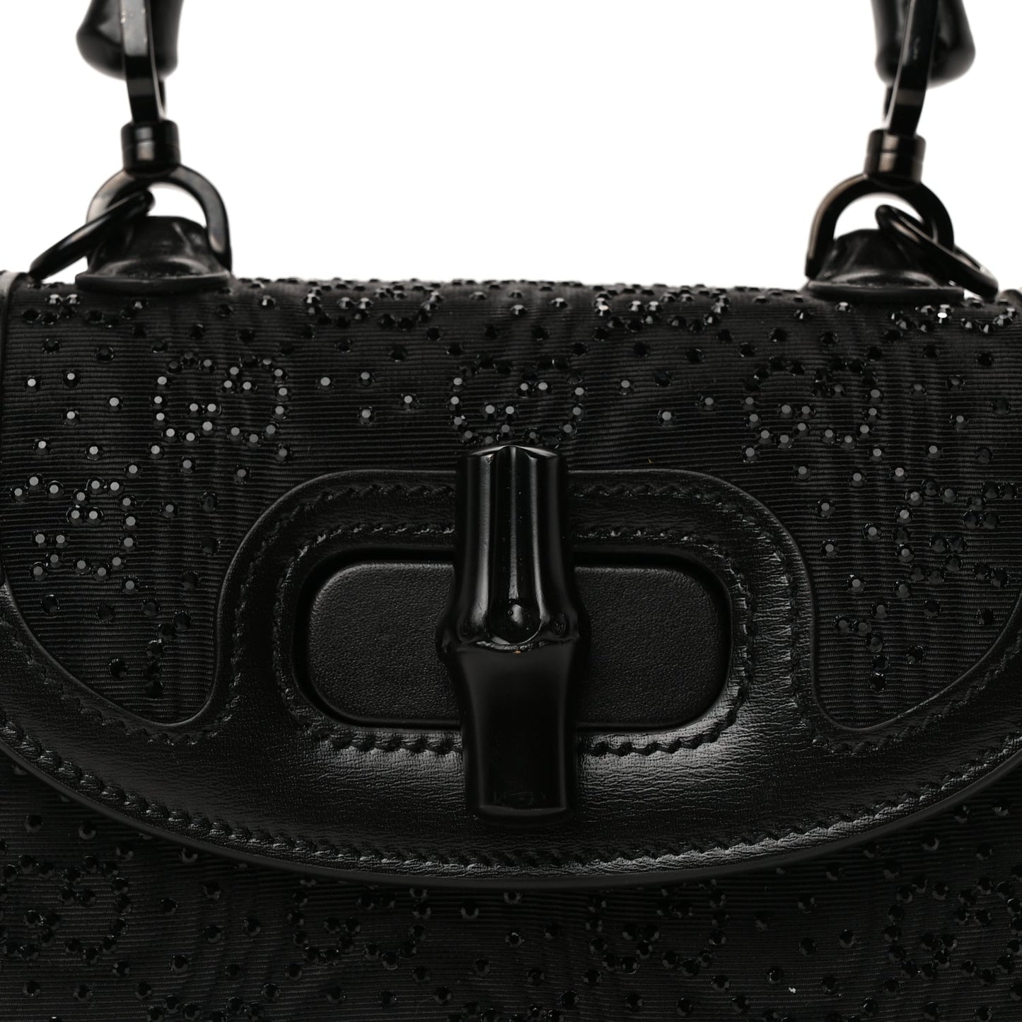 Gucci Moire Fabric Calfskin Rhinestone Monogram Monochrome Mini Bamboo 1947 Top Handle Chain Bag Black