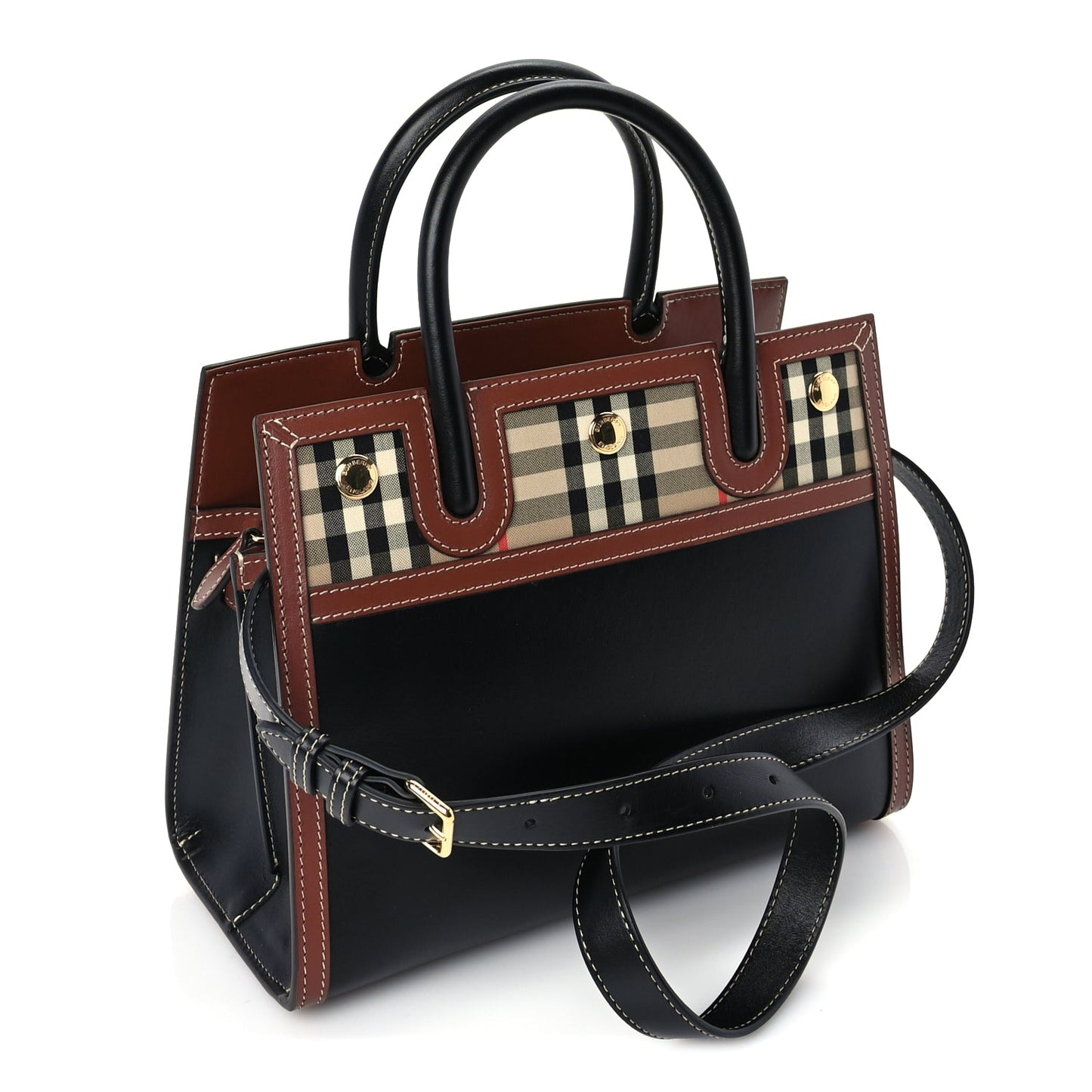 Burberry Calfskin Vintage Check Mini Two Handle Title Bag  Black