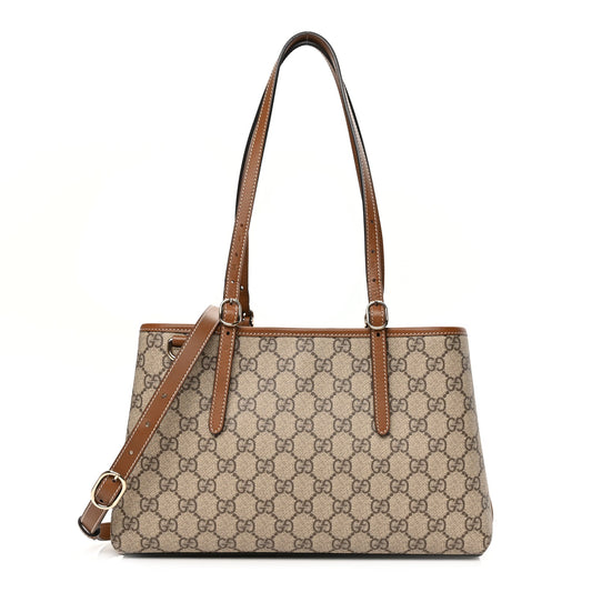 Gucci GG Supreme Monogram Emblem Small Tote Bag Beige Dark Brown