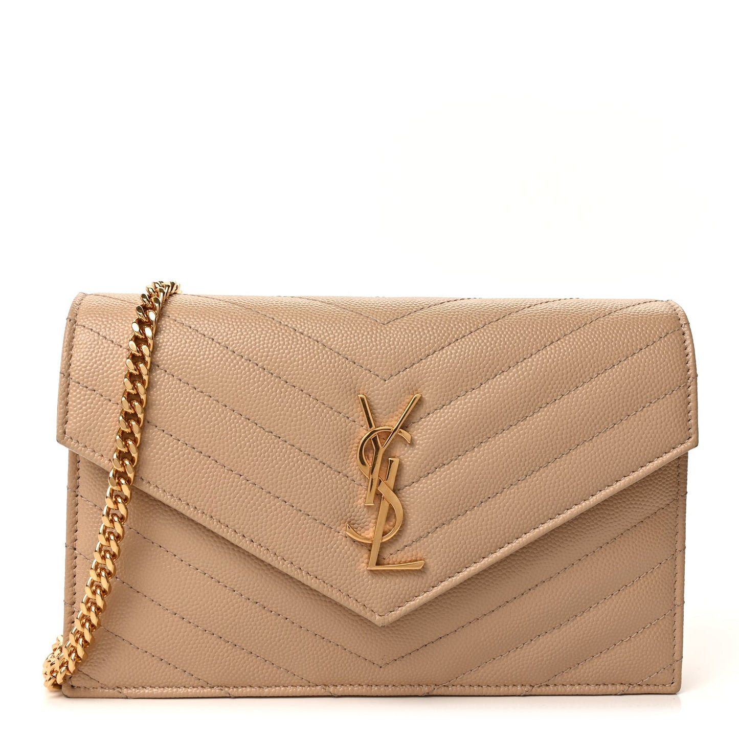 Saint Laurent Grain De Poudre Matelasse Chevron Monogram Envelope Chain Wallet  Dark Beige