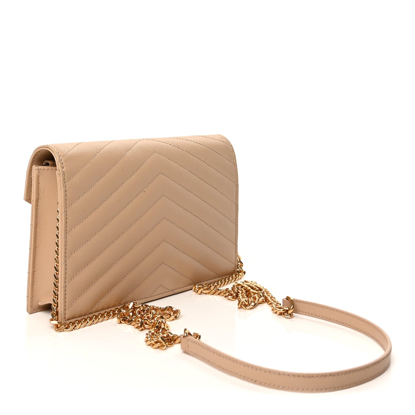 Saint Laurent Grain De Poudre Matelasse Chevron Monogram Envelope Chain Wallet  Dark Beige