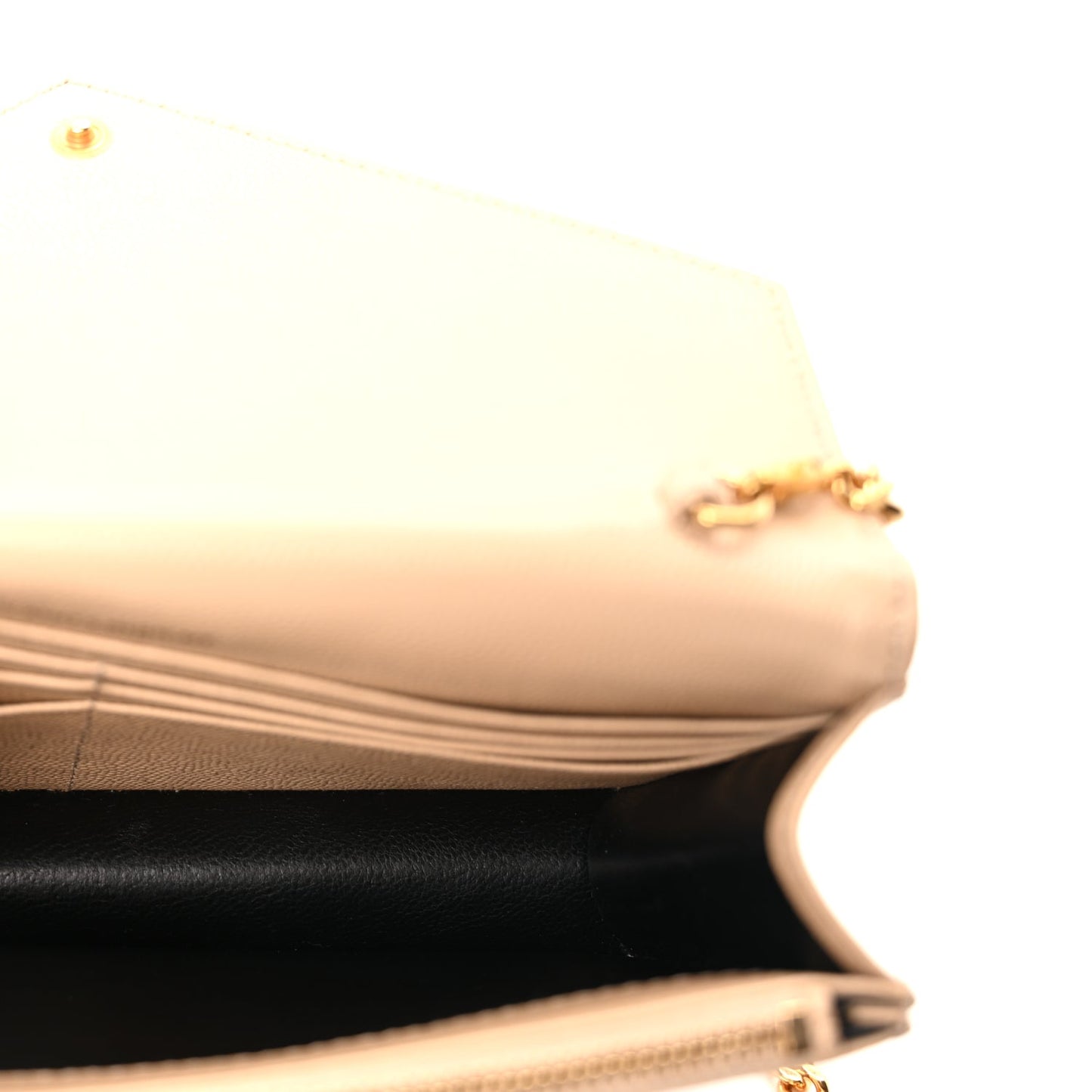 Saint Laurent Grain De Poudre Matelasse Chevron Monogram Envelope Chain Wallet  Dark Beige