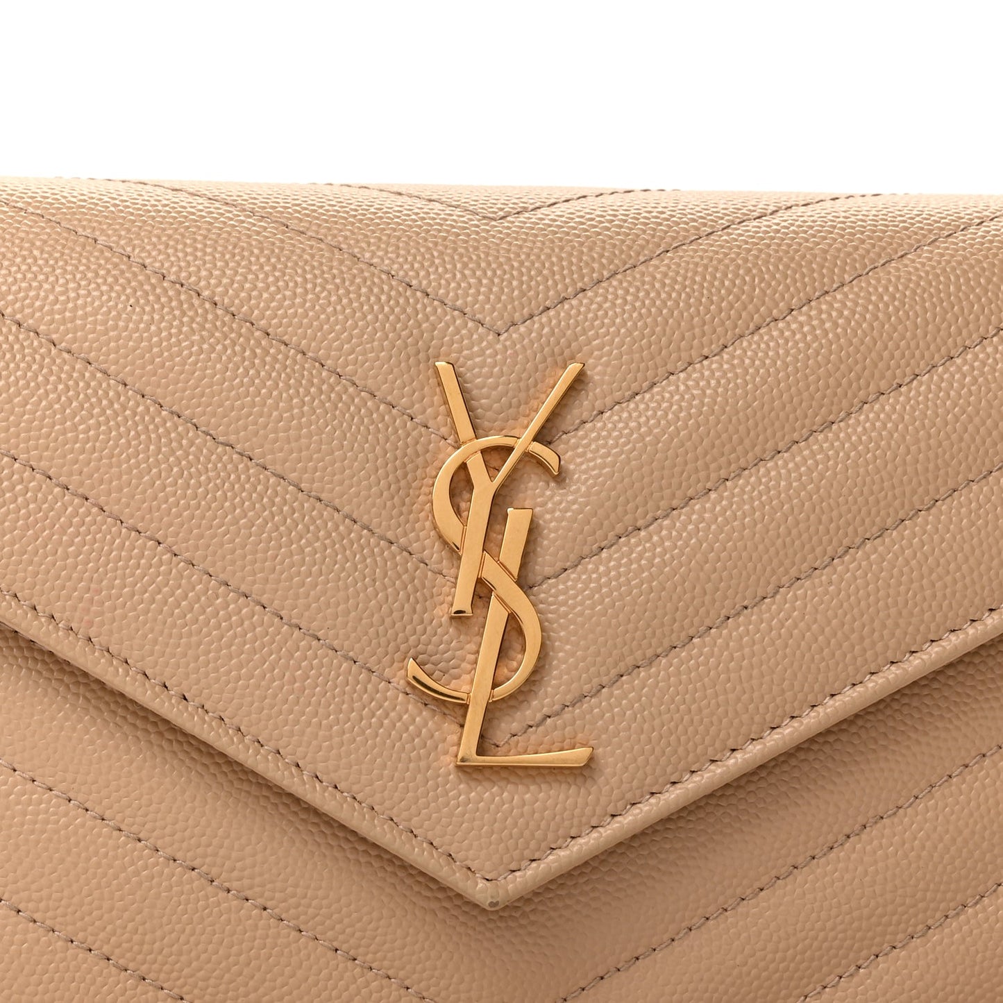 Saint Laurent Grain De Poudre Matelasse Chevron Monogram Envelope Chain Wallet  Dark Beige