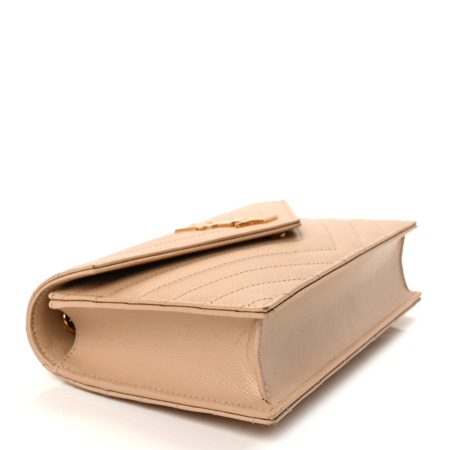 Saint Laurent Grain De Poudre Matelasse Chevron Monogram Envelope Chain Wallet  Dark Beige
