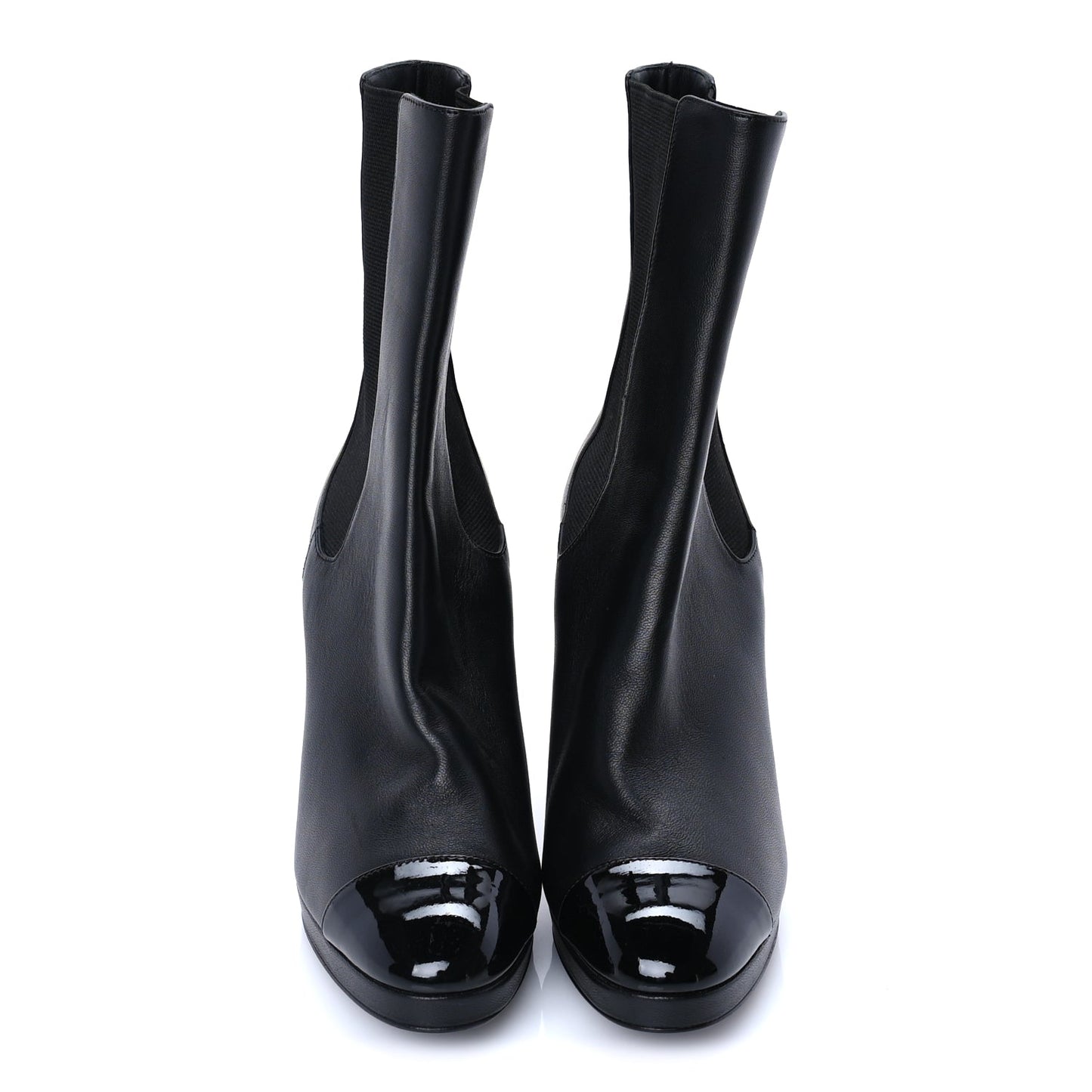 Chanel Lambskin Patent Cap Toe Pearl CC Ankle Boots 37.5 Black