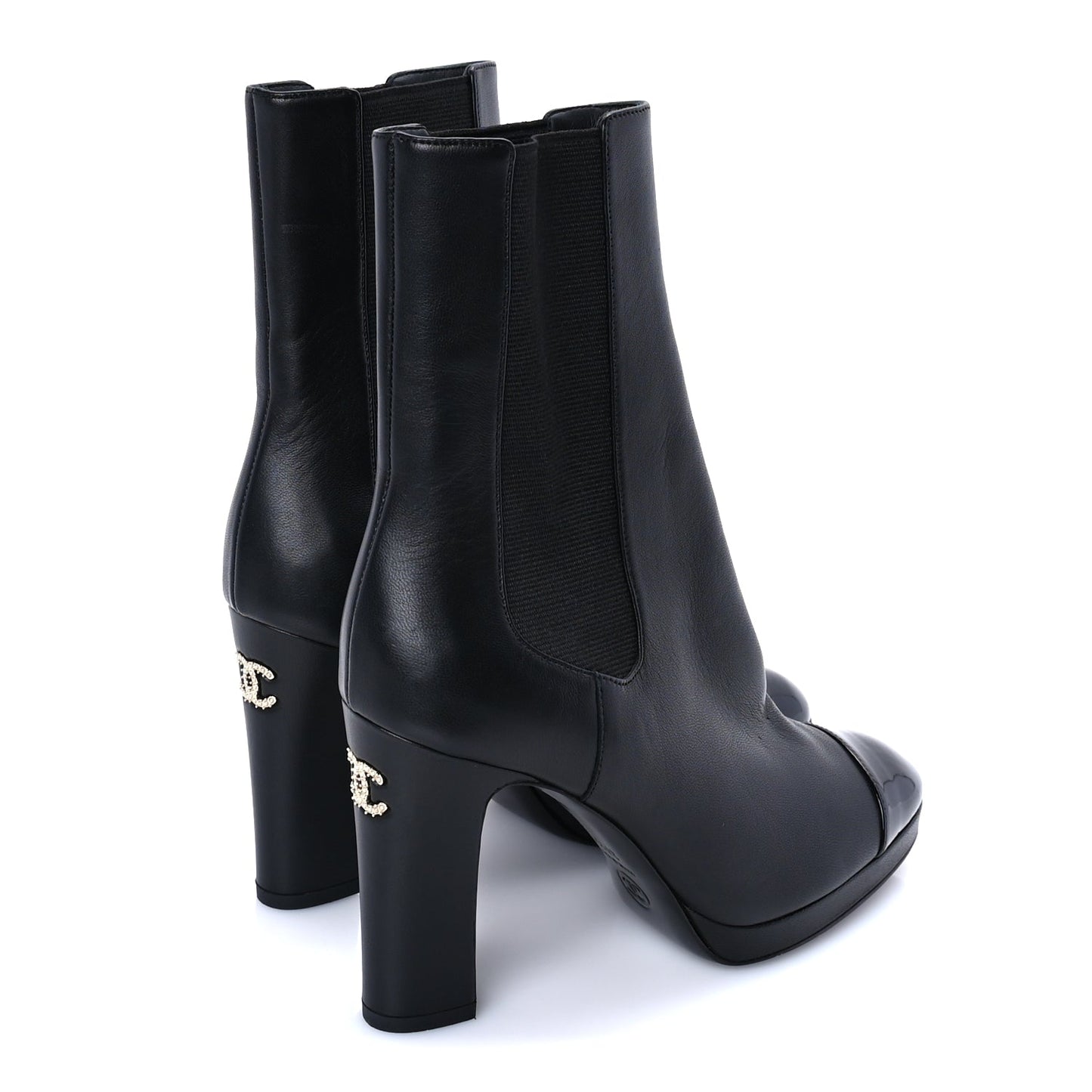 Chanel Lambskin Patent Cap Toe Pearl CC Ankle Boots 37.5 Black