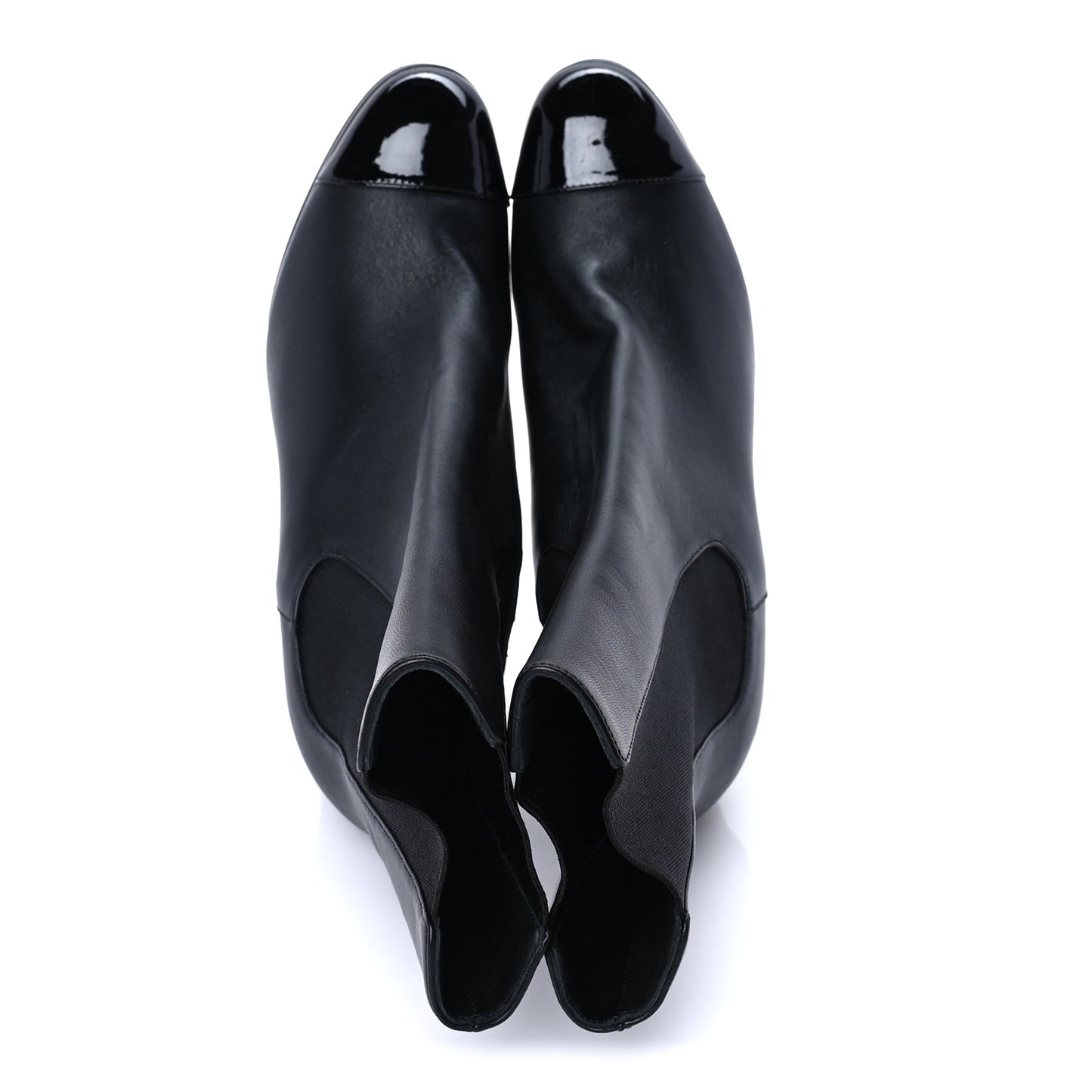 Chanel Lambskin Patent Cap Toe Pearl CC Ankle Boots 37.5 Black