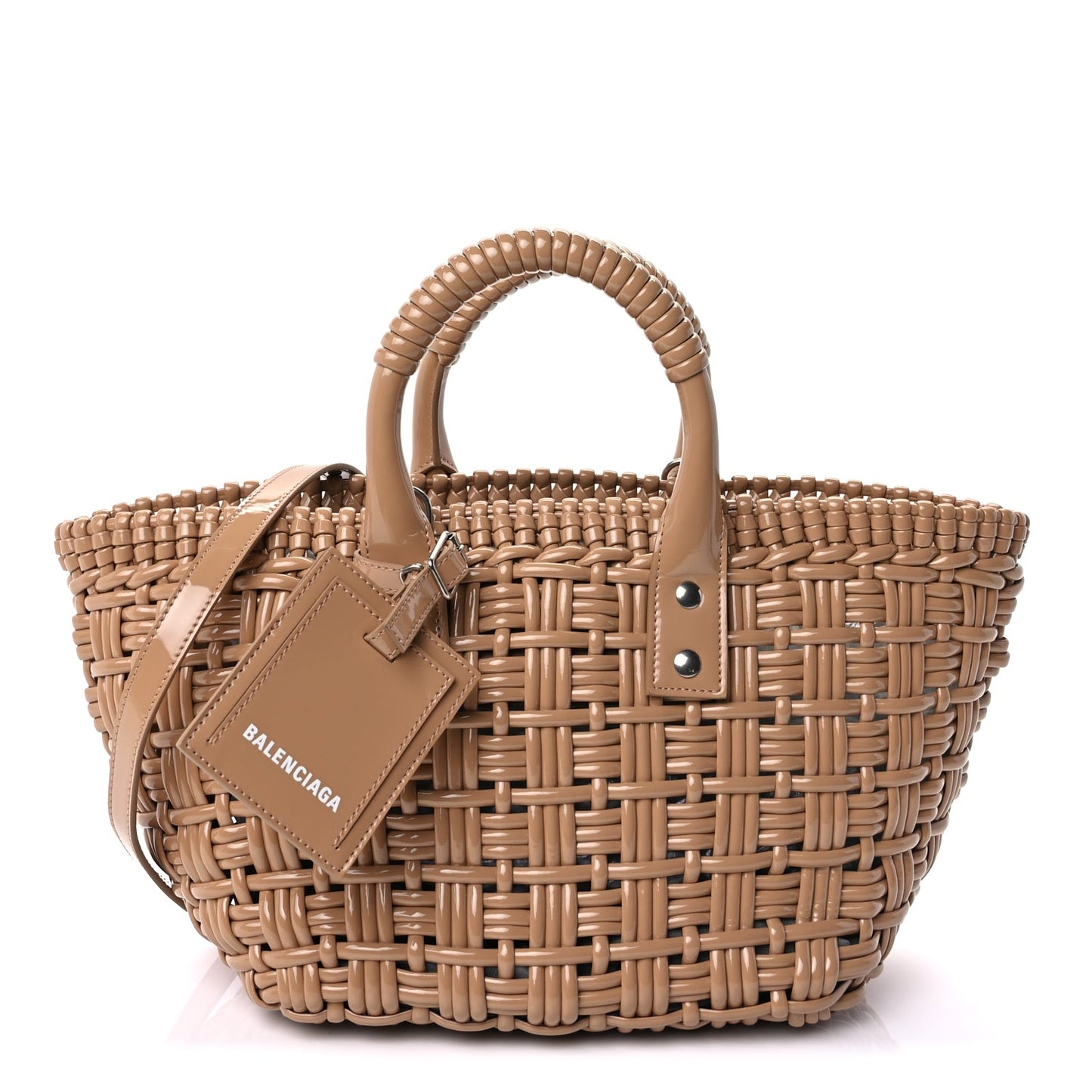 Balenciaga Varnished Faux Calfskin Braided XS Bistro Basket Beige
