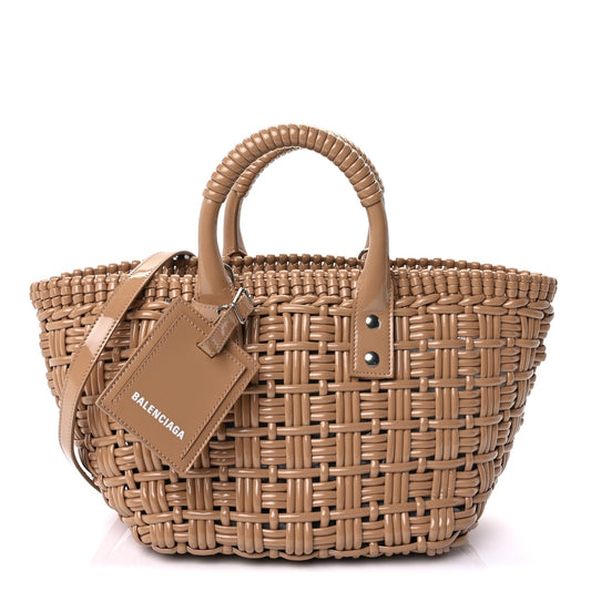 Balenciaga Varnished Faux Calfskin Braided XS Bistro Basket Beige