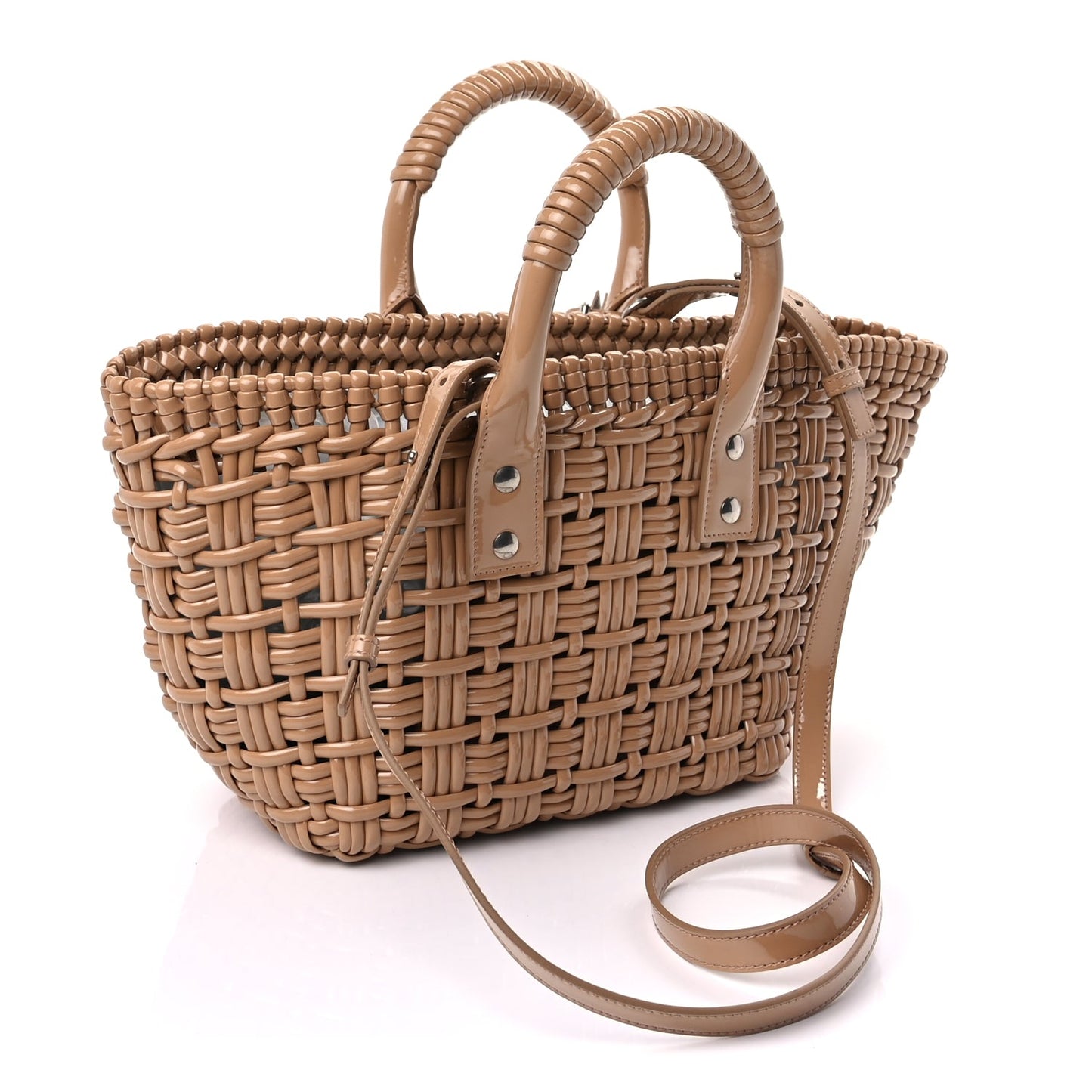 Balenciaga Varnished Faux Calfskin Braided XS Bistro Basket Beige