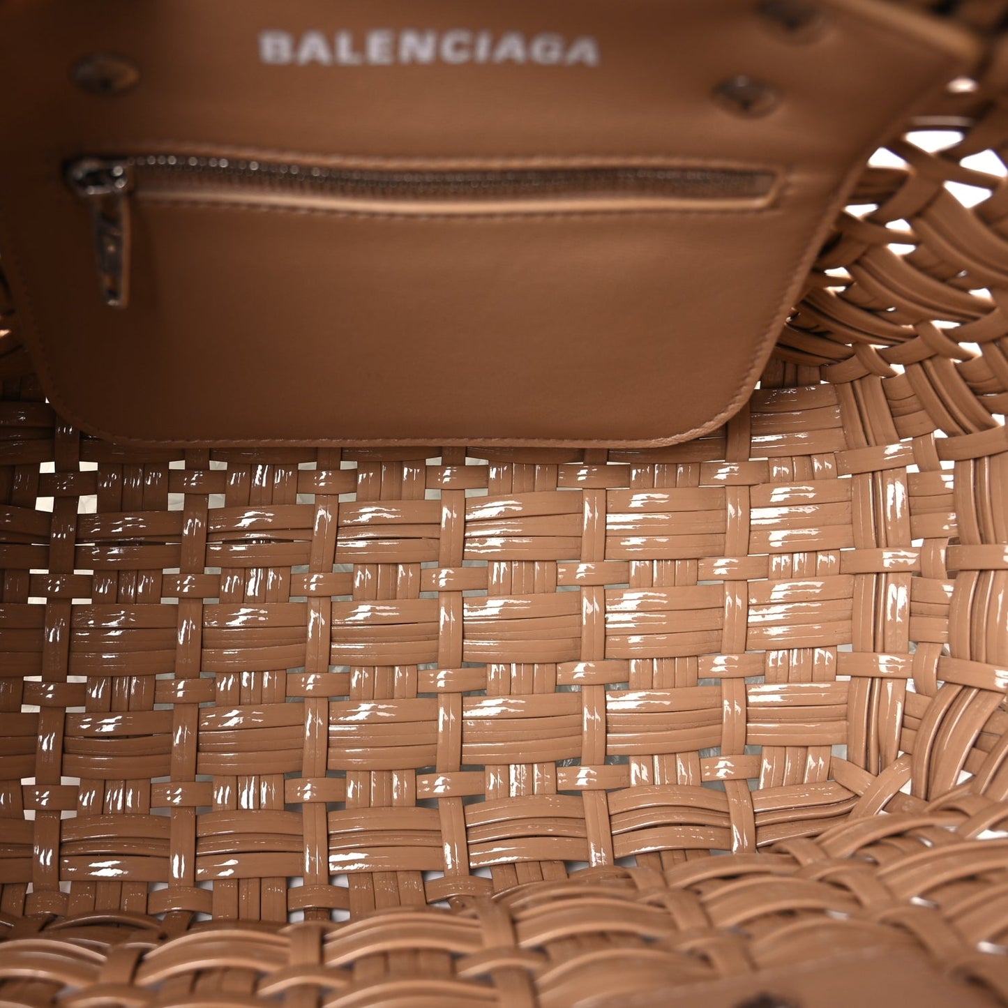 Balenciaga Varnished Faux Calfskin Braided XS Bistro Basket Beige