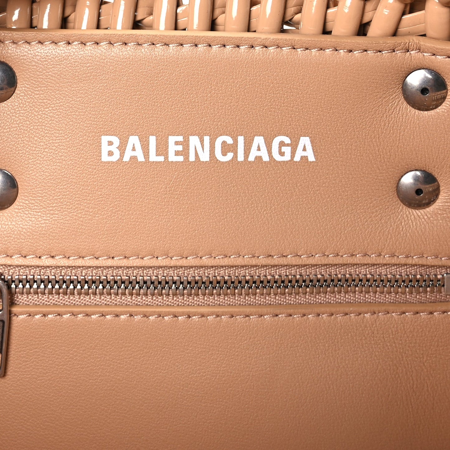 Balenciaga Varnished Faux Calfskin Braided XS Bistro Basket Beige