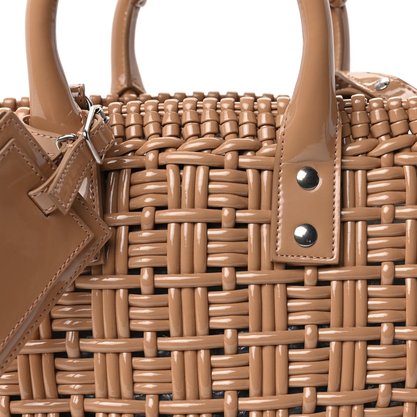 Balenciaga Varnished Faux Calfskin Braided XS Bistro Basket Beige