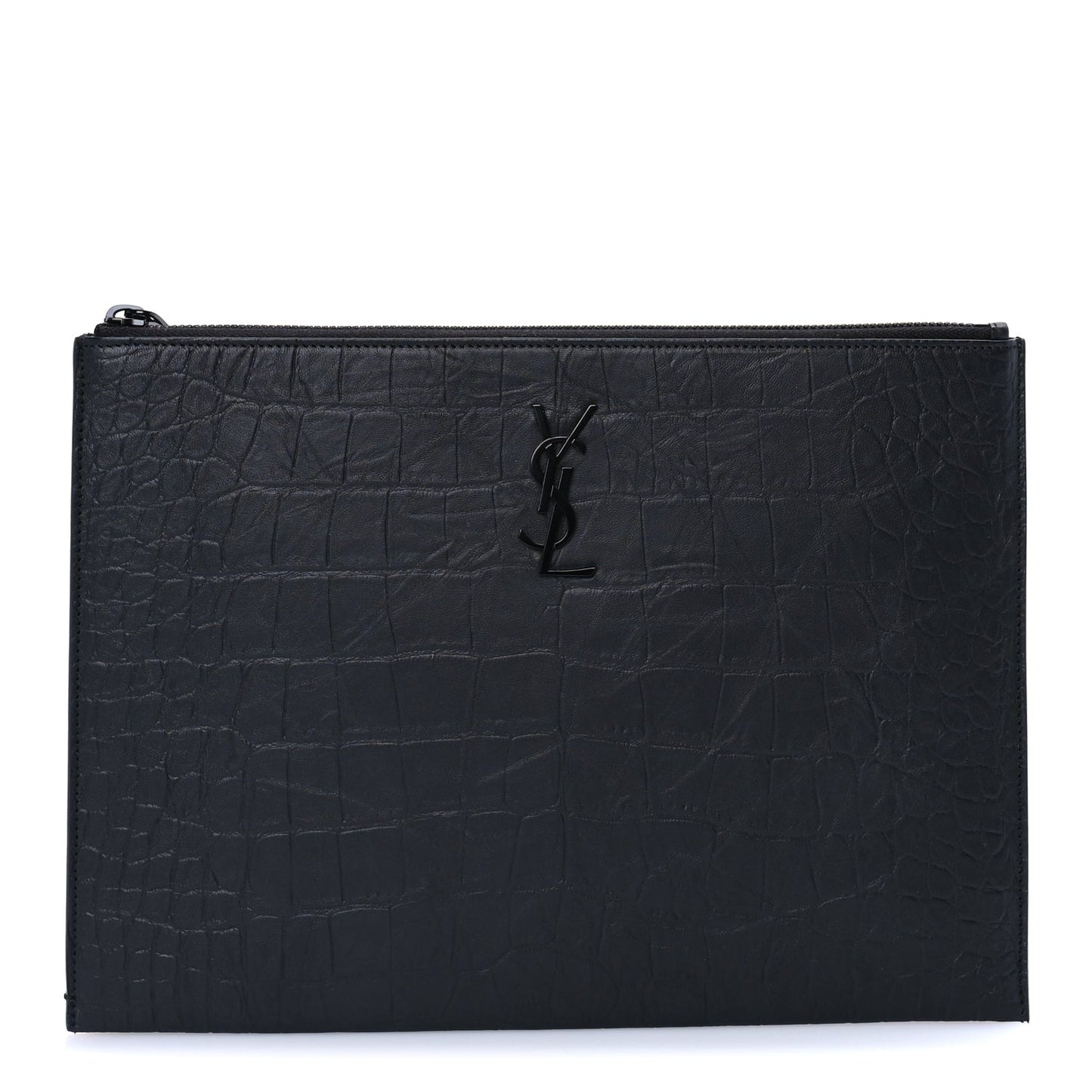 Saint Laurent Calfskin Crocodile Embossed Tablet Pouch  Black