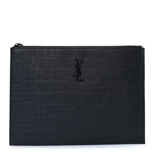 Saint Laurent Calfskin Crocodile Embossed Tablet Pouch  Black