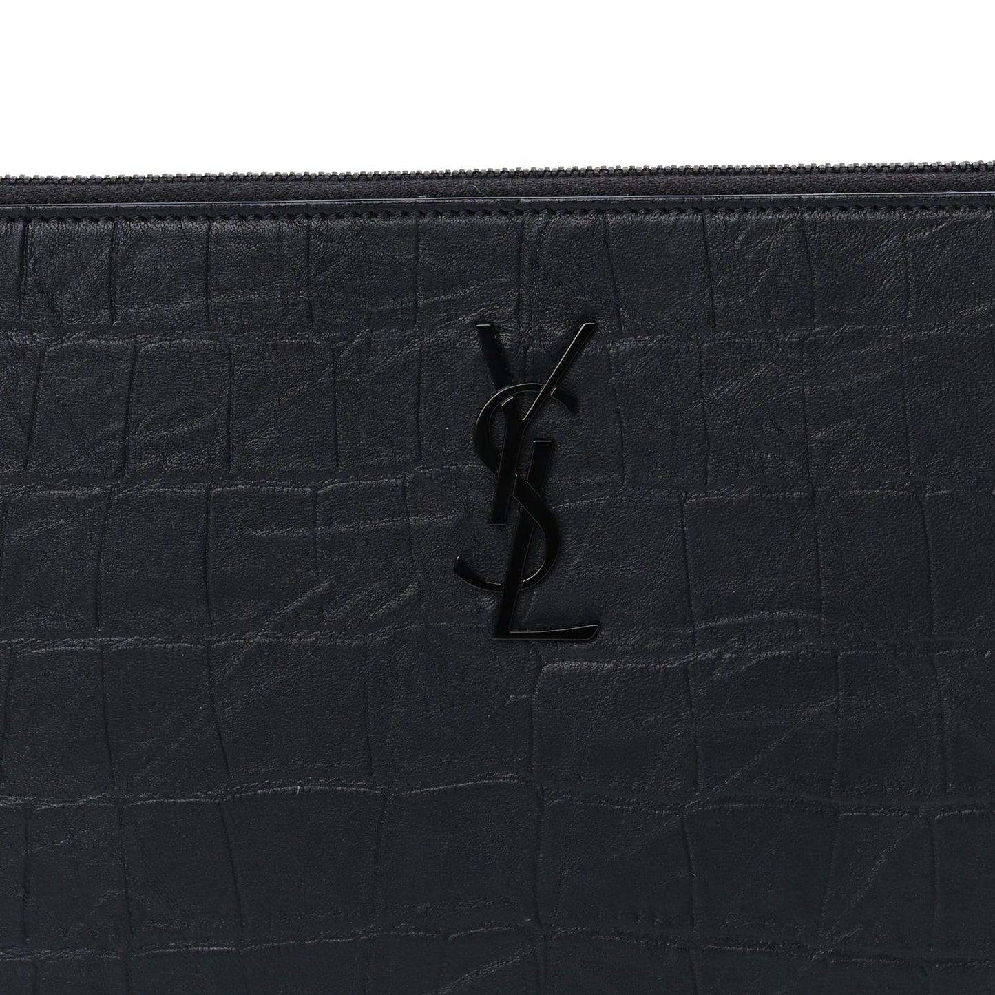 Saint Laurent Calfskin Crocodile Embossed Tablet Pouch  Black
