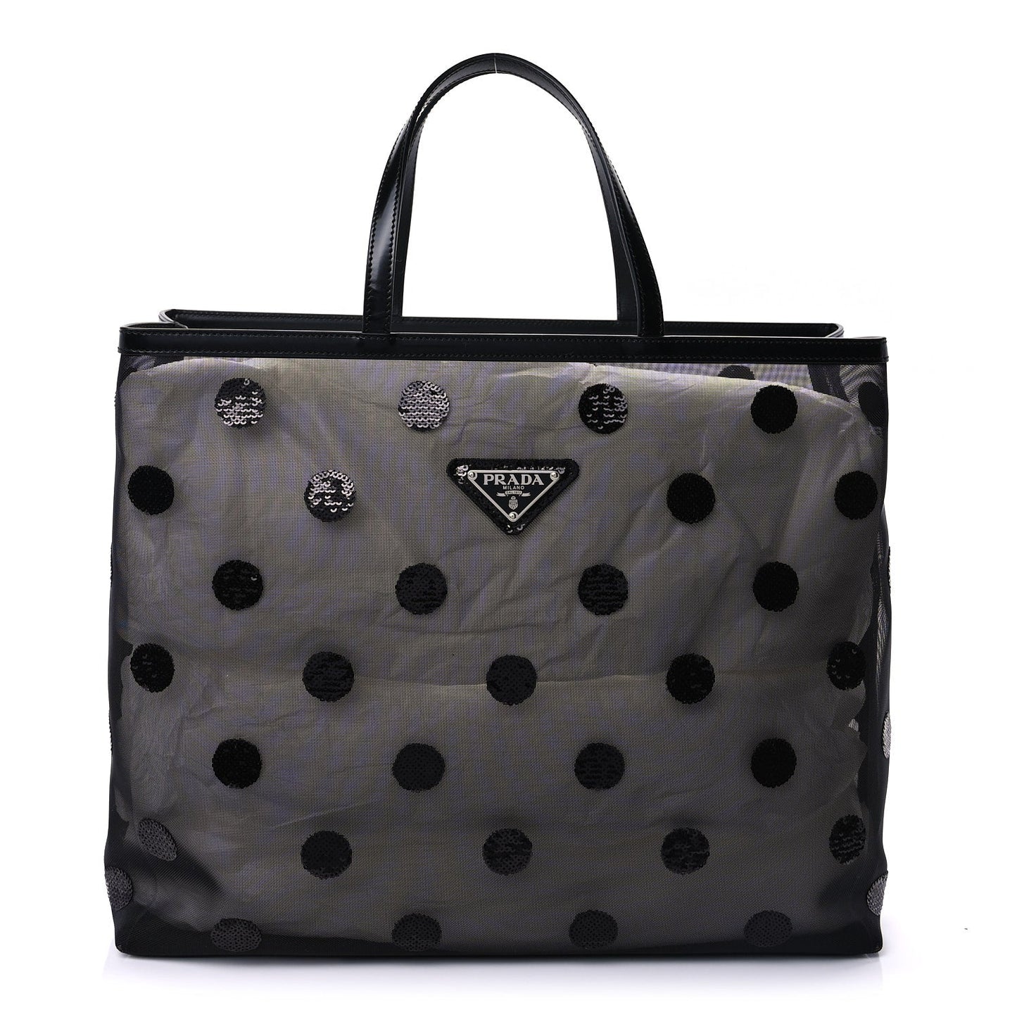 Prada Mesh Sequin Spazzolato Polka Dot Triangle Logo Tote Black
